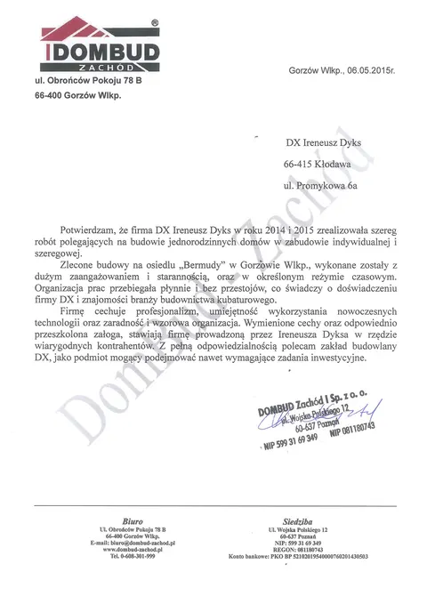List referencyjny Dombud Zachód